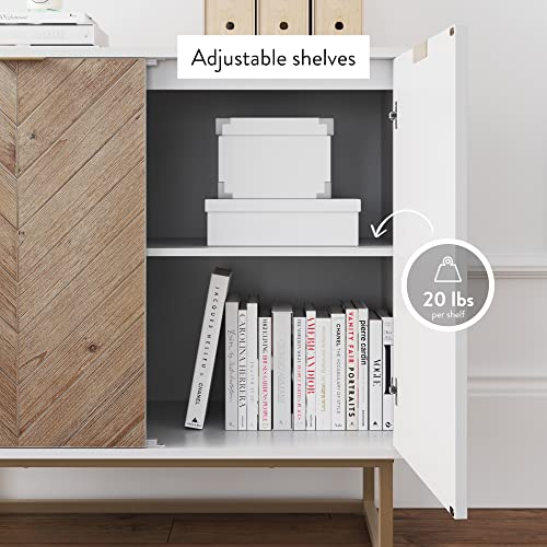 Nathan James Enloe Modern Storage, Free Standing Accent Cabinet With Doors In A Rustic Fir Wood Finish Powder-Coated Metal Base For Hallway, Entryway Or Living Room, White/Gold #TOP5