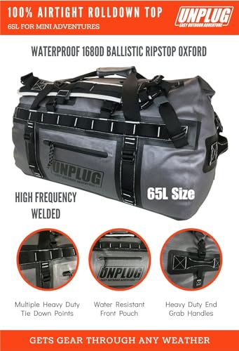 Image of UNPLUG Ultimate Adventure | 1680D Heavy Duty Waterproof Bag | Large Travel Bag which can be Used for Camping, Motorcycling, Boating, or Hunting|65L Storm Grey