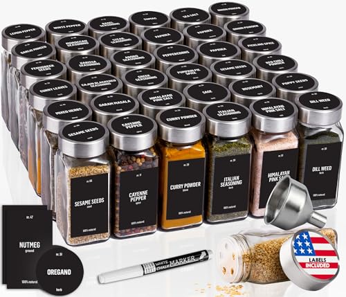 Deco haus Glass Spice Jars with Stainless Steel Lids 36 x 4oz [LABELS incl] Spice Containers with 280 Labels, Funnel & Chalk Marker - Empty Herb Seasoning Containers, Small Seasoning Bottles for Herb