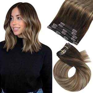 Moresoo Clip in Hair Extensions Real Human Hair Balayage Hair Extensions Clip in Dark Brown to Light Brown with Dark Honey Blonde 14 inch 5 Pcs/80G #4/10/16