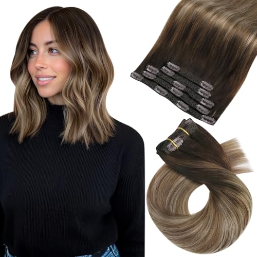 Moresoo Clip in Hair Extensions Real Human Hair Balayage Hair Extensions Clip in Dark Brown to Light Brown with Dark Honey Blonde 14 inch 5 Pcs/80G #4/10/16