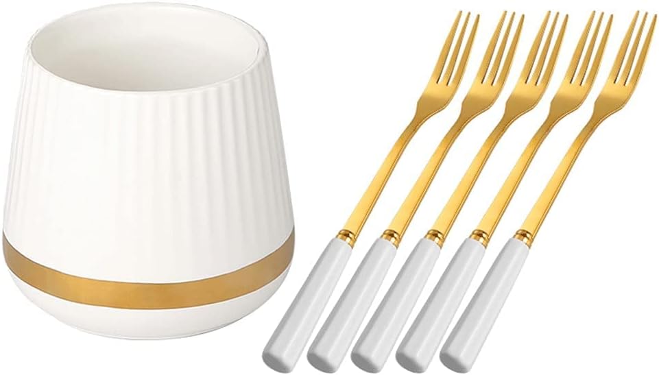 Stainless Steel Fruit Fork Cutlery Set, Household Salad Forks/Dessert Forks with Ceramic Storage Jar Silver Cutlery Decoration