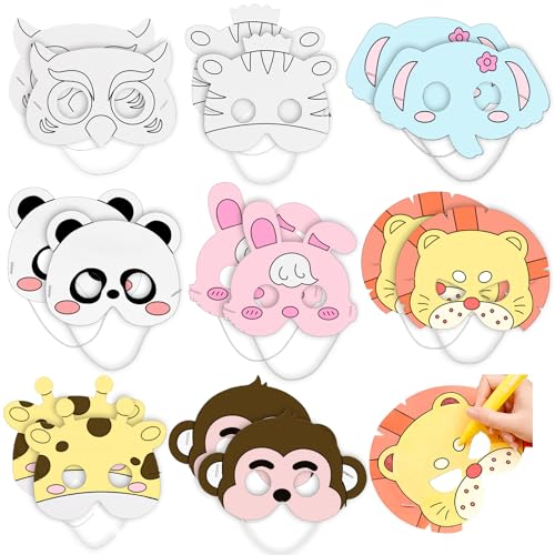 Cosysparks Mascarillas de Animales, 16 Piezas Máscara Blanca para Pintar Mascara para Pintar Niños Casero Mascara Manualidades Pintar Relleno de Bolsos de Fiesta Infantil