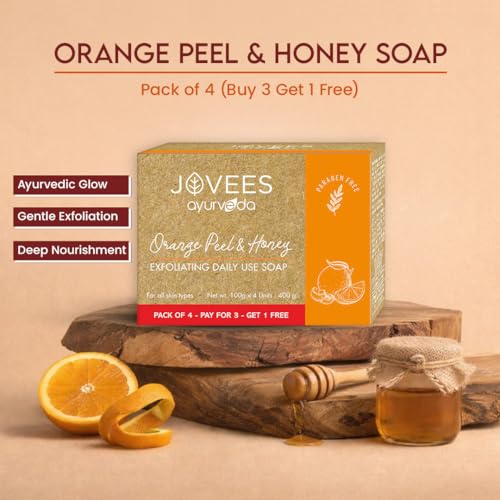 Image of Jovees Herbal Brightening & Exfoliating Soap 400g - Orange Peel & Honey Daily Use Bar, Gently Removes Dead Skin, Smoothens Texture, Reveals Glowing, Soft Skin, Gentle Herbal Cleanser for Men & Women (Set of 4)