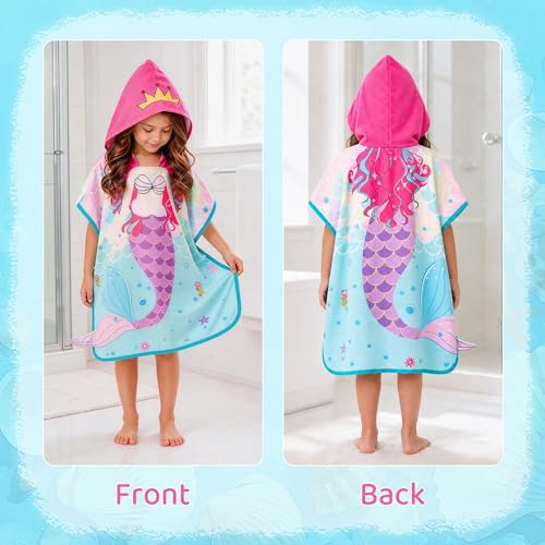 Image of LOLANTA Toddler Hooded Bath Towel Mermaid Towel Terry Cloth Pool Poncho Swim Cover Up Kids Beach Towels Girls (Mermaid, 1-3T