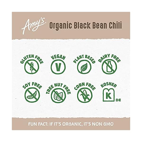Amys-Organic-Black-Bean-Chili-Low-Fat-USDA-Organic-147-Ounce Amy's Organic Chili, Vegan Medium Black Bean Chili, Gluten Free, Low Fat, Gluten Free, 14.7 Oz (12 Pack)