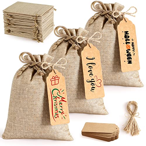 25Set Reusable Burlap Gift Bags with Drawstring 5x7 Small Party Favor Gift Bags + Bonus Gift Tags & String Brown Linen Sacks Bag for Wedding Party Favor Coffee DIY Craft Sachet Bulk Bags