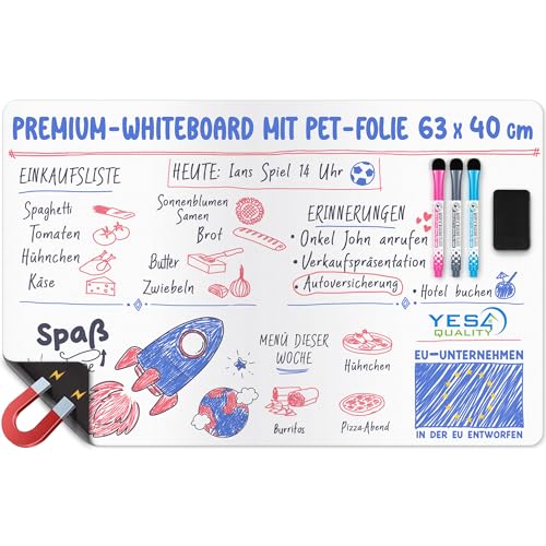 Magnetische Whiteboard-Folie für den Kühlschrank – 63 x 40 cm – schmutzabweisend, mit 3 Stiften und großem Radiergummi mit Magnet – von Yes4Quality