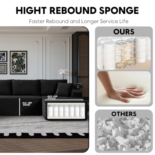 Image of Oversized Cloud Boneless Couch with Chaise, Modern Modular Sofa with Deep Seat, Corduroy Upholstered U Shaped Couch for Living Room, No Assembly Required (Black)
