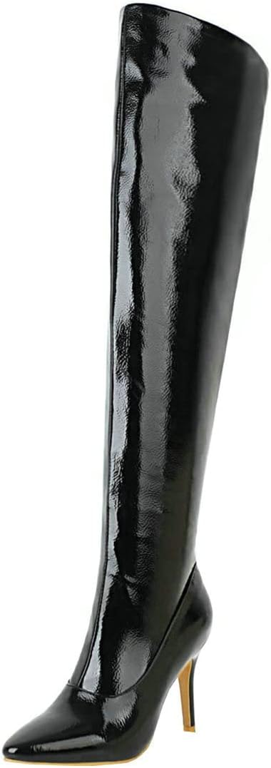 BEAUPAS Women's Patent Leather Over The Knee Boots High Heel Stiletto Booties Pointed Toe Thigh High Boots Shoes