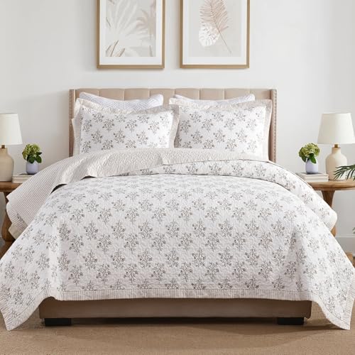 Image of 100% Cotton Quilt Set Queen Size, Queen Quilt, Floral Striped Reversible Botanical Quilted Bedspread Lightweight Comforter Bedding Set for Queen Bed, 3pcs, White /Light Camel /Gray