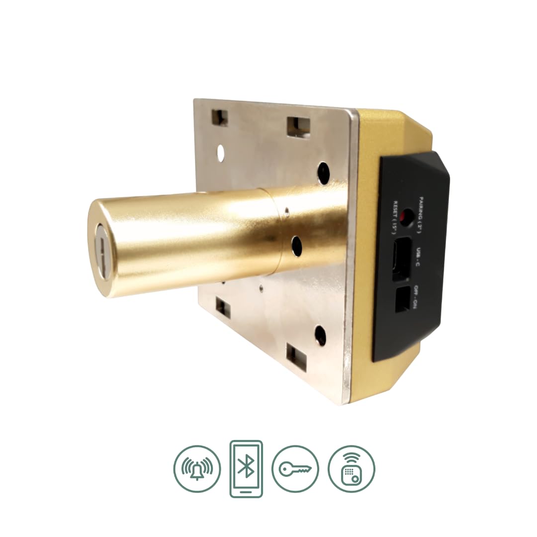 Lince SMARt7930 Cerradura inteligente para puerta – Cerrajo con alarma de 100 dB, control por aplicación, control remoto y llave reversible de alta seguridad – Recargable por USB-C – Color Oro