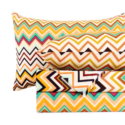 Image of MCO 4Pieces Retro Neon Chevron Sheets Set, Breathable Full Sheet Set with 16 inch Deep Pocket,Modern & Luxury, Brushed Microfiber Bedding Set(Retro Neon Chevron, King)