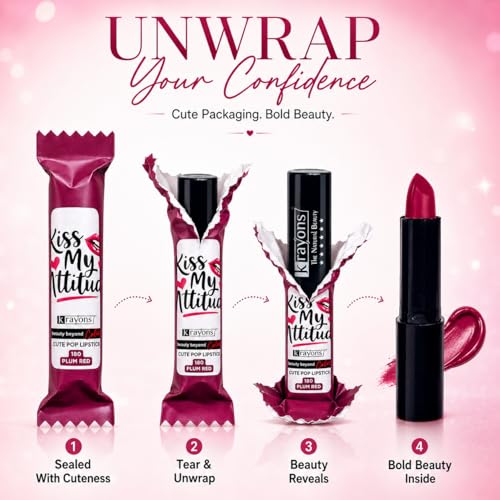 Image of Krayons Cute Pop Matte Lipstick for Women - Shade 180 Plum Red, India's 1st Twist-Wrap Lip Stick, Long Stay Waterproof Lipstic, Rich Pigmented Daily Wear Matt Lipsticks, 3.5g