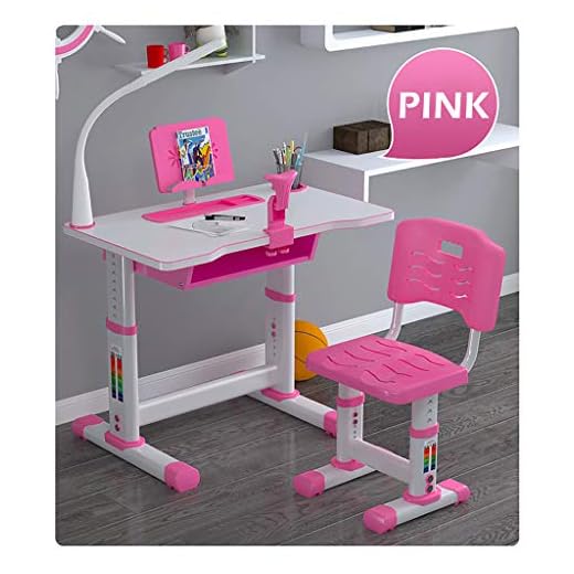 CocoMarket Kids School Desk and Chair Set Height Adjustable Children Study Sturdy Table Chair Set with Led lamp, Pull Out Drawer Storage and Bookstand for Students (70cm, Pink/Not Tiltable)