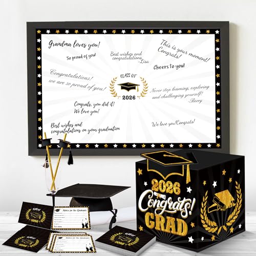 Image of Graduation Decorations Black and Gold 2026 - Guest Book Alternative, Graduation Cards Box with 36PCS Advice Cards, Signature Board Congrats Grad Decoration Graduation Supplies 2026