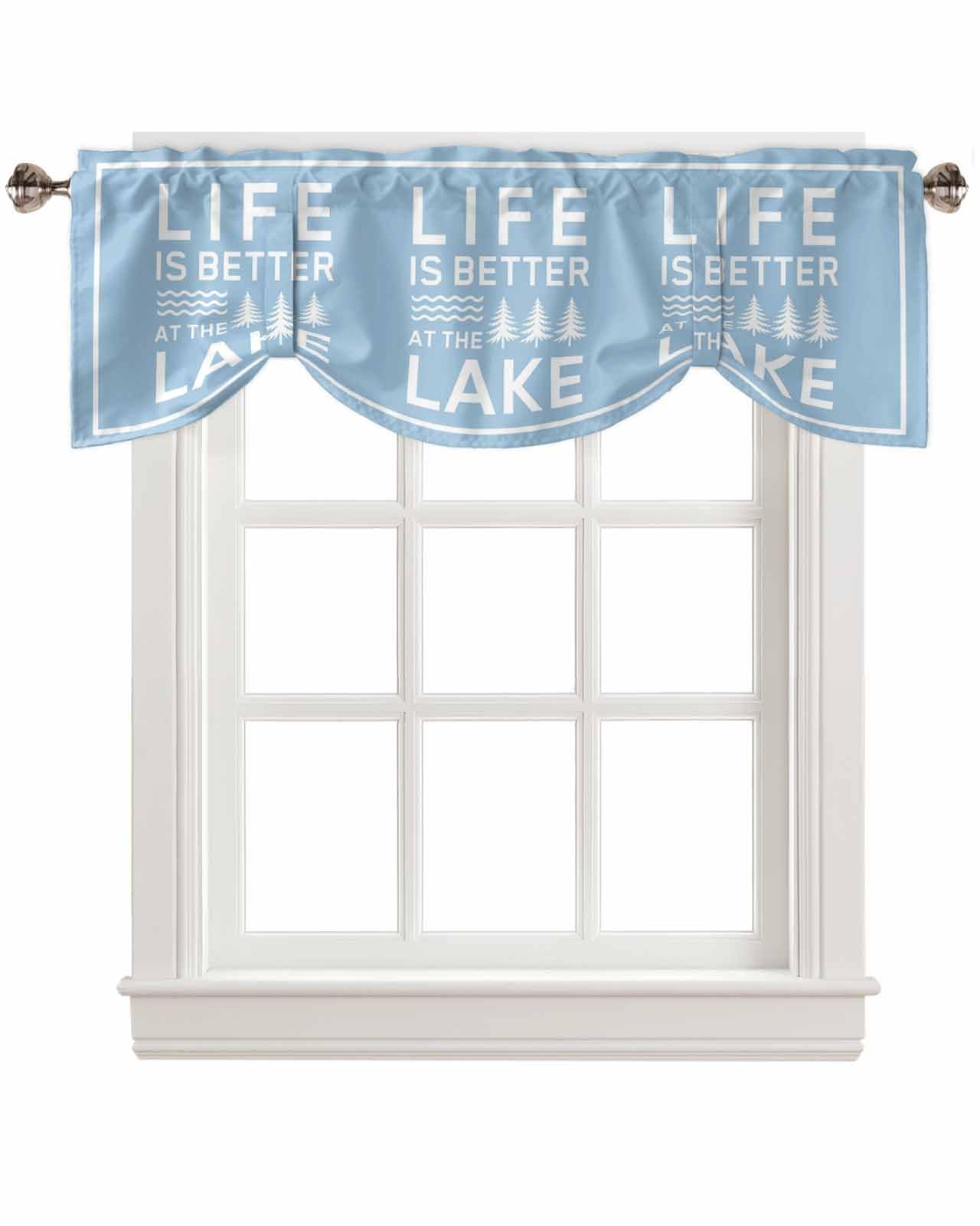 Tie Up Valances for Kitchen Windows Summer Life is Better at The Lake Blue Background Adjustable Tie-up Curtain Valance, Rod Pocket Drape Valance for