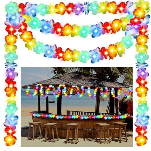 Image of 35.43ft Light up Hawaiian Flower Lei Garland Tropical Hawaiian Garland LED Lighted Luau Party Flower Banner for Luau Summer Beach Party Decorations