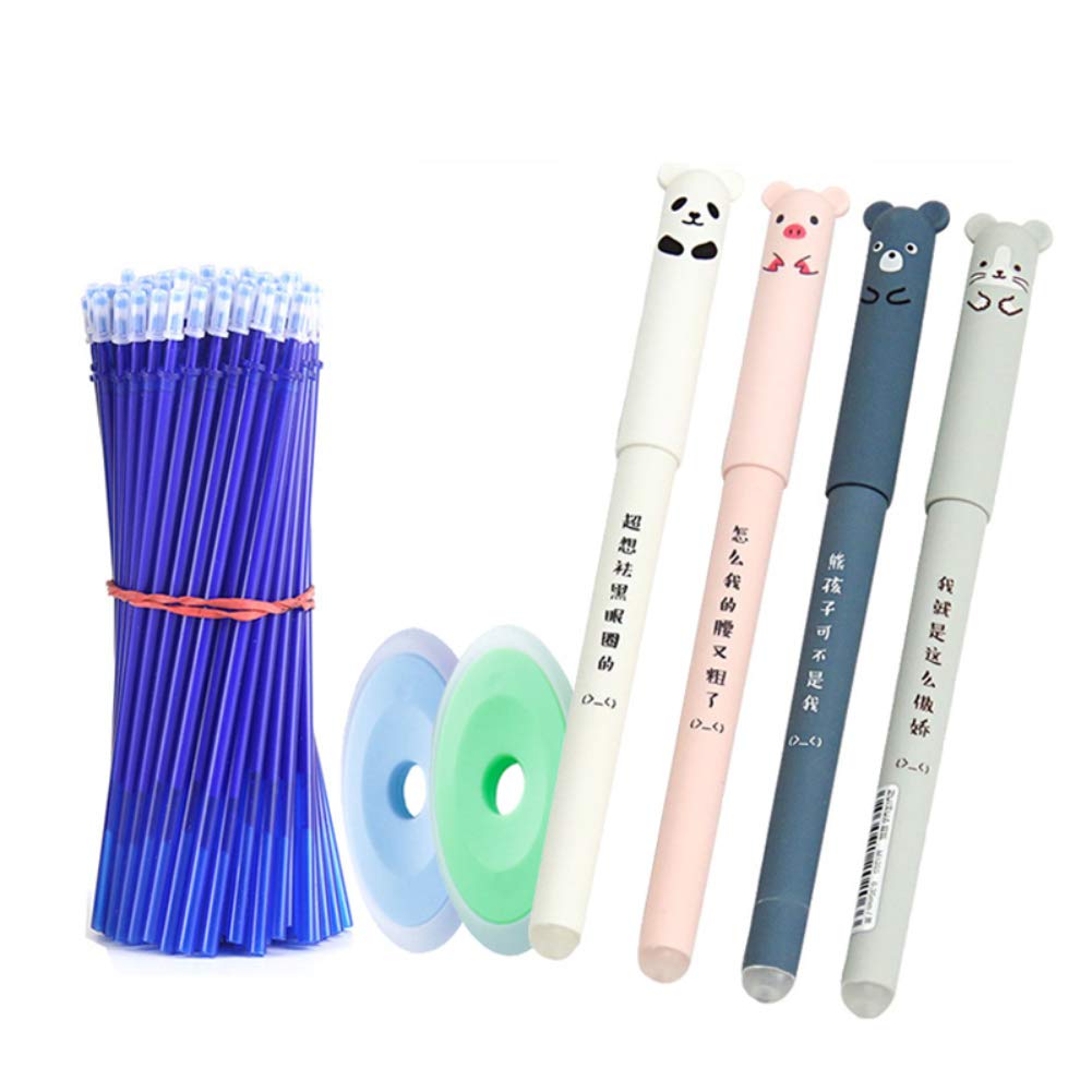 MROOFUL26Pcs Erasable Gel Pen Blue Ink Refill Set Cute Pigs Panda Cat Pattern 0.35mm Rollerball Friction Pen Easy to Rub for Kids Students Adults