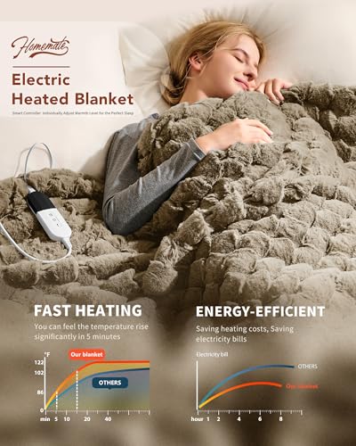 Image of Homemate Electric Heated Throw Blanket - 50 inchx60 inch Luxury Faux Fur Heating Bed Blankets with 10 Heating Levels 8 Hours Auto Off Fast Heating Over-Heated Protection Ultra Soft Warm Flannel ETL Certified