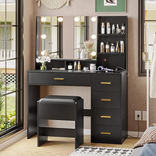 AOGLLATI Makeup Vanity Set with Lights, Vanity Desk with Mirror and Lights, Black Vanity Table with Cushioned Stool, Makeup Desk with Charging Station, Visible Drawers, Open Storage Shelves