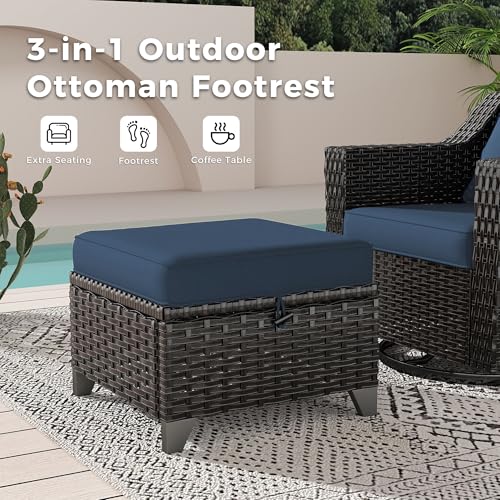 Image of 4 Piece Patio Furniture Set, Wicker Outdoor Conversation Set | Patio Chair Set with Olefin Removable Cushion, All-Weather Glider Swivel Chair Set with Deep Seat for Porch, Deck, Blue