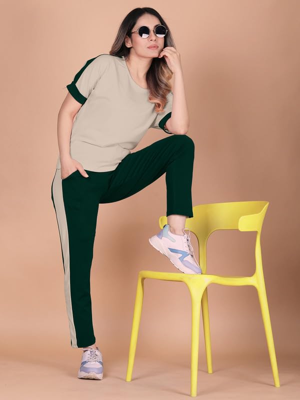 Image of DTR FASHION Polyester Blend Shoulder Stripes Tracksuit | Night Wear Suit For Women