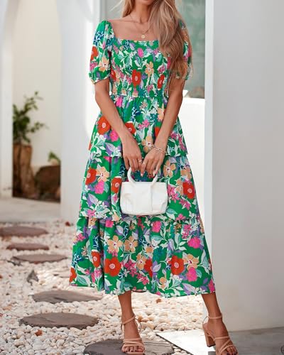Image of BTFBM Womens Floral Smocked Summer Maxi Dresses | Square Neck Puff Short Sleeve Ruffle Tiered, 2026 Trendy Casual Sundress, Cruise Holiday Beach Vacation Wedding Guest Dress