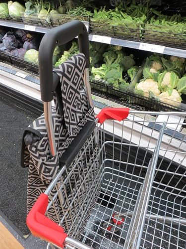 Image of KriShyam Foldable Shopping Trolley Cart with Stylish Pattern | Large Capacity Grocery Cart with Wheels | Lightweight Portable Utility Cart (2 WHHEL White (Geometric Print))