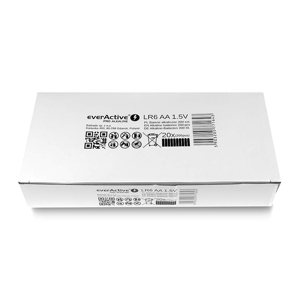 everActive Batterie AA, alcaline Pro, Mignon LR6 R6, 1,5 V, 10 anni, data di scadenza, confezione da 200 pezzi