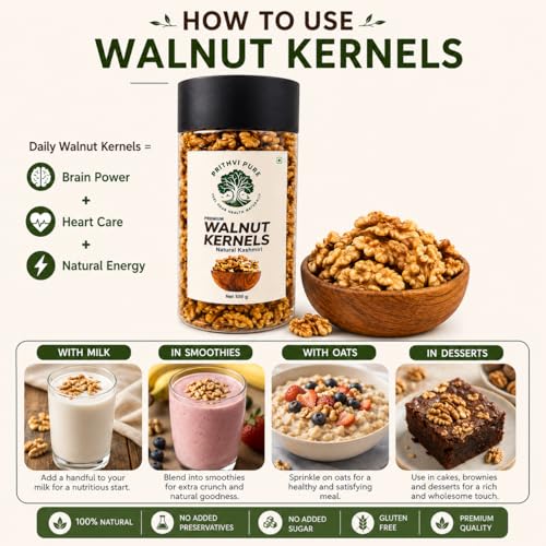 Image of PRITHVI PURE Walnuts Kernels 500 Gram | Natural Crunchy & Nutritious | Akhrot Without Shell | Rich in Omega-3, Protein & Antioxidants | Gluten-Free | Ideal for Snacking, Baking & Cooking