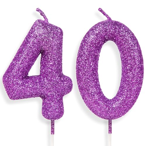 Zolunu Bougie d'anniversaire violet et rose numéro 40, décorations de gâteau à paillettes pour filles et femmes, sans parfum'