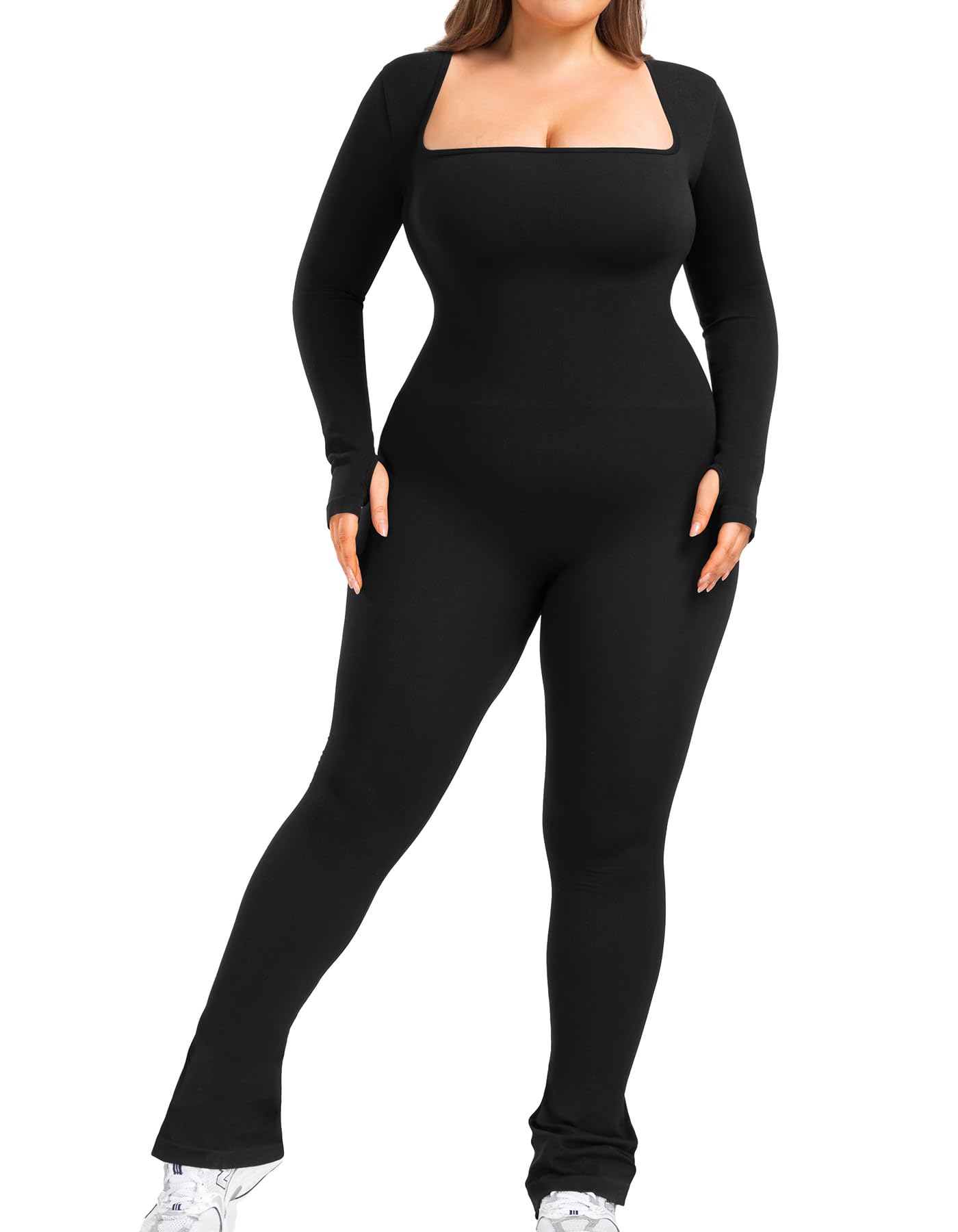 BLEVONHWide Leg Jumpsuits for Women Long Sleeve Bodycon Square Neck Bodysuits Full Length Plus Size