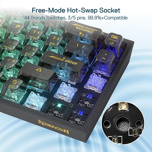 Image of Redragon K631 PRO 65% 3-Mode Wireless RGB Gaming Keyboard, 68 Keys Compact Full-Transparent Mechanical Keyboard w /Hot-Swap Free-Mod PCB Socket, Translucent Custom Switch Black