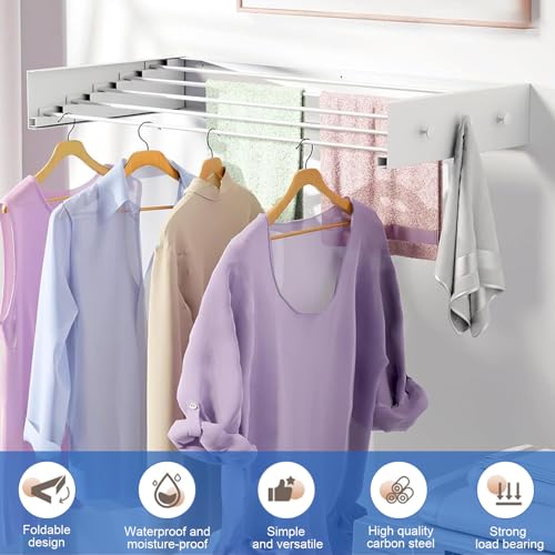 TWSOUL Wäscheständer zur Wandmontage, 80 cm Edelstahl Wandwäschetrockner Ausziehbar, Faltbar Hide Wandtrockner Mit 6 Haken, 50 kg Tragkraft für Innen oder Außen,Balkon, Terasse (80 cm)