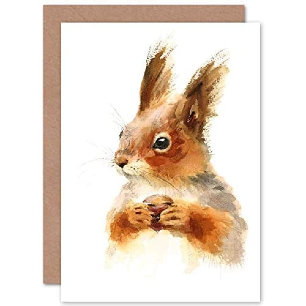 Artery8 Squirrel Watercolour With Nut Greetings Card - Brown