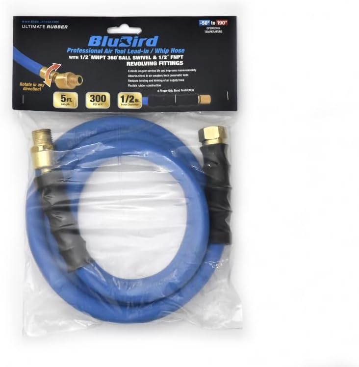 BLUBIRD BBSR1205 1/2" x 5' Rubber Air Snubber Hose, 100% Rubber, Lightest, Strongest, Most Flexible, 300 PSI, 50F to 190F Degrees, Ozone Resistant, High Strength Polyester Braided