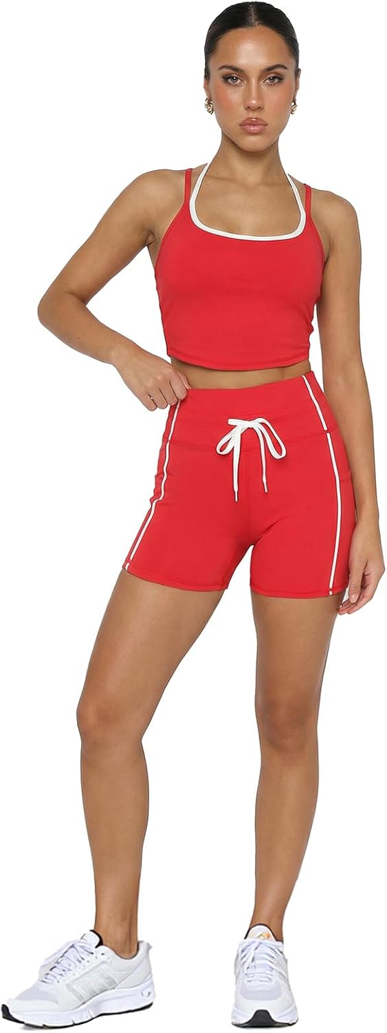 YOINS 2 Piece Women's Workout Sets Yoga Color Block Sports Bra and High Waisted Adjustable Biker Shorts with Pockets Set