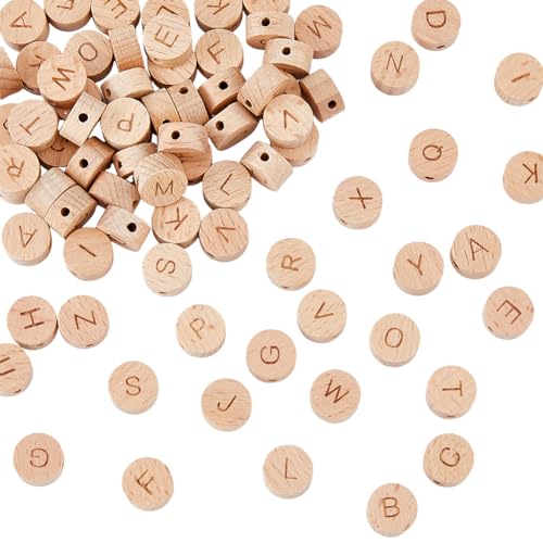 HOBBIESAY 78Pcs 26 Styles Undyed Wood Beads 5x8mm Horizontal Hole Random Alphabet Beads Flat Round with Laser Engraved Letter A-Z Cube Wood Beads with Initial 26 Letters for DIY Jewelry