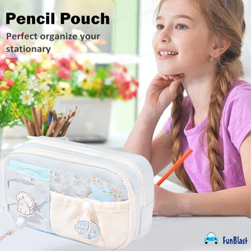 Image of FunBlast Pencil Pouch for Girls - Aesthetic Multi-Compartment Zipper Pouch with Drawstring Pocket, Cute Kawaii Pencil Case, Stylish Stationery Pouch, Return Gift for Kids & School Use (Blue)