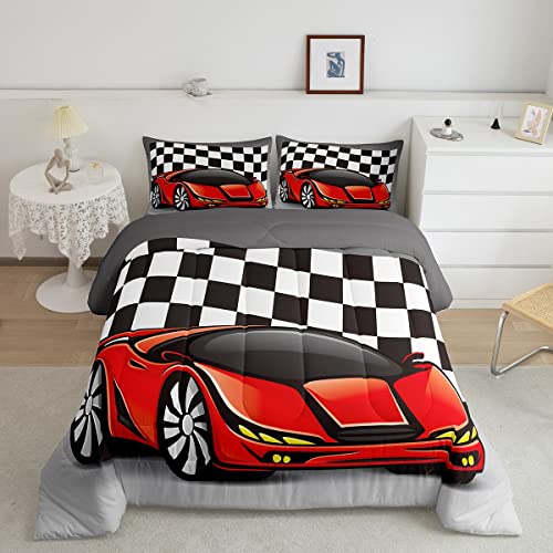 Racing Car Comforter Set, Cool Speed Race Car Down Comforter Twin Size For Kids Boys Girls Teens Bedroom, Automobile Extreme Sport Quilted Duvet Grid Buffalo Duvet Insert With 1 Pillow Cases