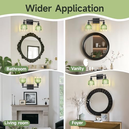 Image of Bathroom Light Fixture,2-Light Vintage Bathroom Sconces Over Mirror, Black Fancy Vanity Lights, Flower Light Fixture with Green Tulip Glass Shade for Bedroom, Living Room, E26 Base