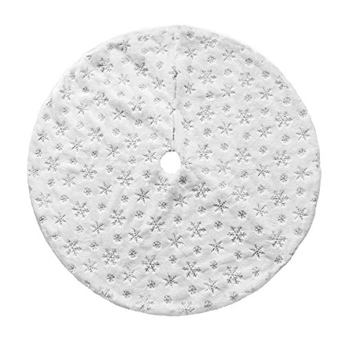 Dremisland Christmas Tree Skirt, 48 Inches Large White&Silver Luxury Faux Fur Tree Skirt With Snowflakes Super Soft Thick Plush Tree Skirt For Xmas Tree Decoration #TOP4