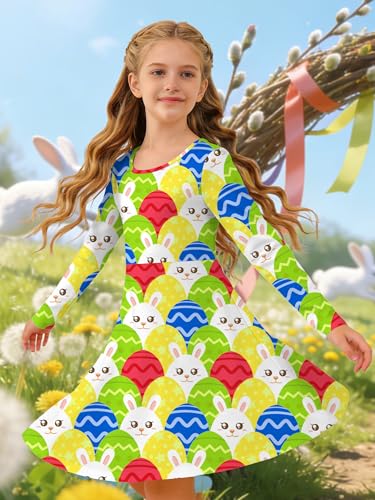 Image of Ithalt Girls Easter Dress Bunny Print Shirts Easter Long Sleeve Dresses Litter Girls Christian Easter Gifts 5-12y