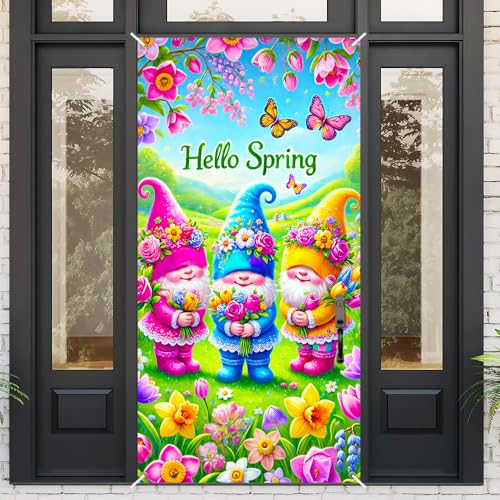 Image of Hello Spring Gnome Trio Door Cover 35x71in Butterfly