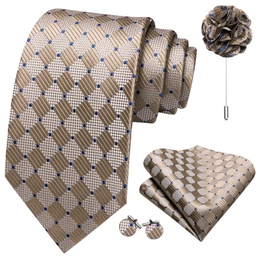 Image of Barry.Wang Plaid Ties Checkered Mens Silk Necktie Handkerchief Cufflinks