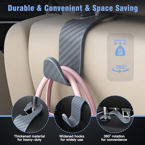 Image of 4-Pack Car Headrest Hooks Holds 55lbs Seat Storage Organizer for Bags | Durable ABS Material, 360 Rotating, Car Hanger for Backpack Umbrella Water Bottle Coat Handbags Groceries, Checkered Grey