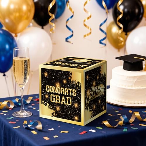 Image of Graduation Congrats Card Box, 2026 Graduation Party Decorations, Graduation Party Decorations Graduation Money Card Boxes Holder Graduation Gift Party Favors Decor Party Supplies (Gold)