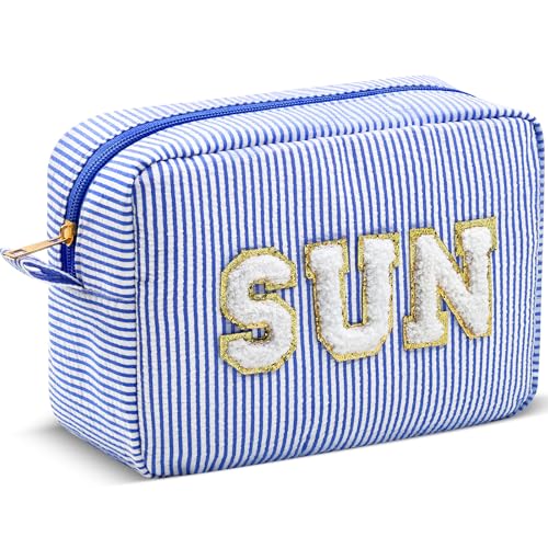 Sanwuta Seersucker Cosmetic Bags Sun Bag Sunscreen Pouch for Beach Chenille Letter Makeup Bags Stripe Preppy Toiletry Pouch Organizer for Women Mom Travel Gifts
