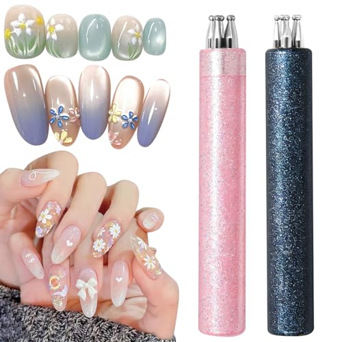 2Pcs 5 Petal Flower Nail Dotting Pen, One Stroke Flower Art Design Tool for Painting Sculpting, Nail Art Dotting Tool for Beginner Enthusiast Girls Women, 1.8mm Fine Tip Rhinestone Pickers